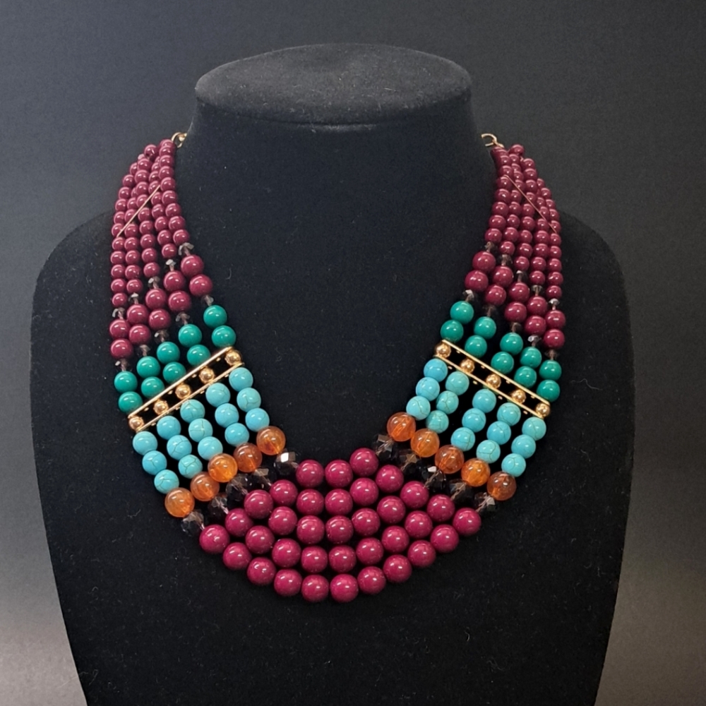 Erica Lyons Vintage MultiStrand Beaded Statement Necklace Berry Turquoise Amber